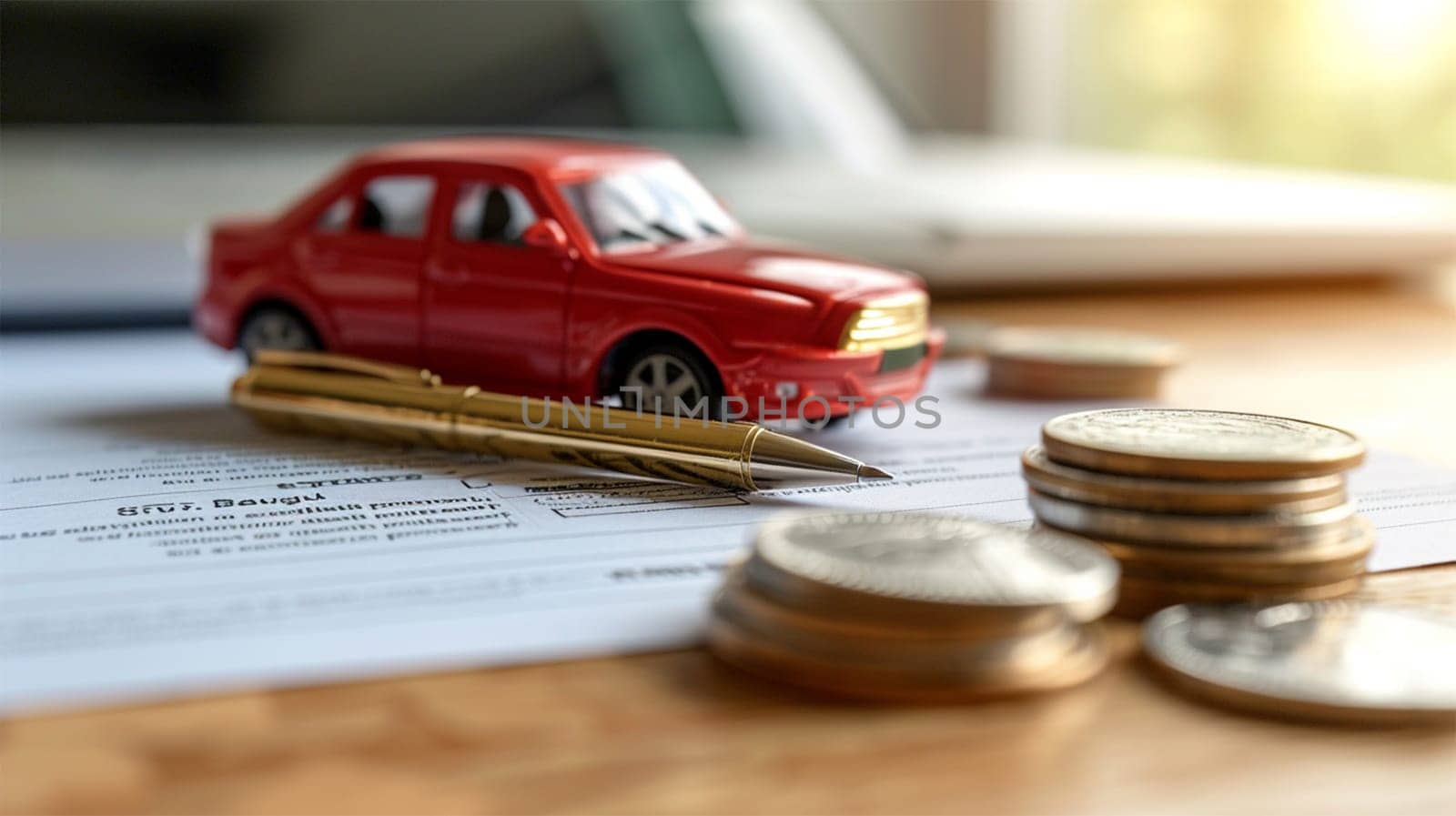 A miniature red car on financial documents next to a stack of coins representing vehicle insurance.Car Insurance Concept