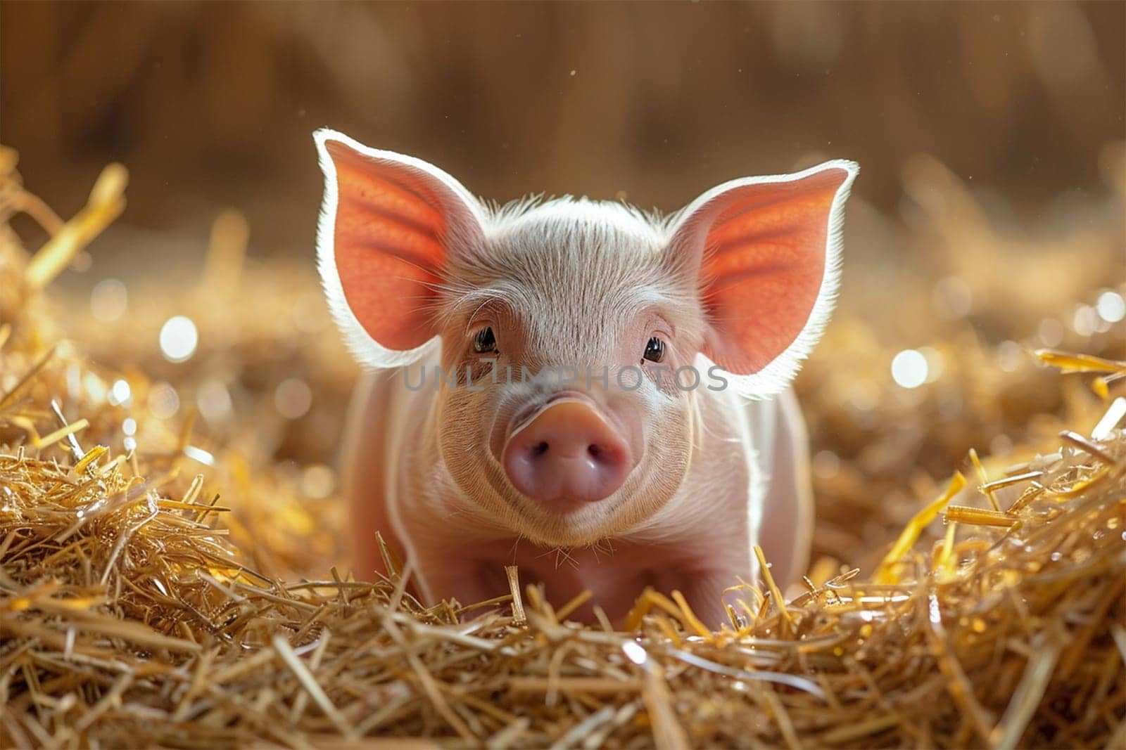 a young pig in the hay at a pig farm .Adorable piglet with large ears lying comfortably in barn straw.
