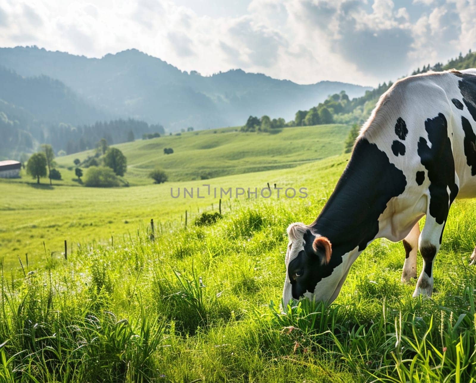 a black and white cow grazing in a sunny meadow, with a soft focus on the background