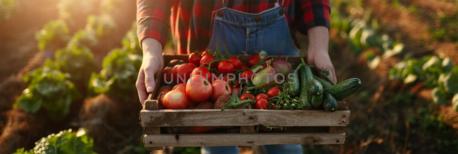 Harvest field .Farmer holding a wooden crate brimming with fresh, colorful vegetables in a sunlit field.
