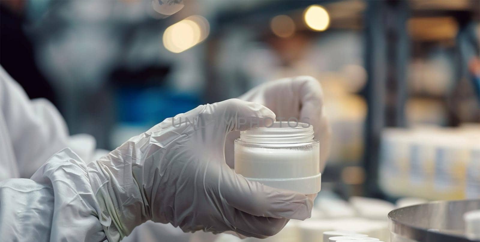 Close-up of gloved hand inspecting a jar of cream.Quality Control in Cosmetics.,Generative AI