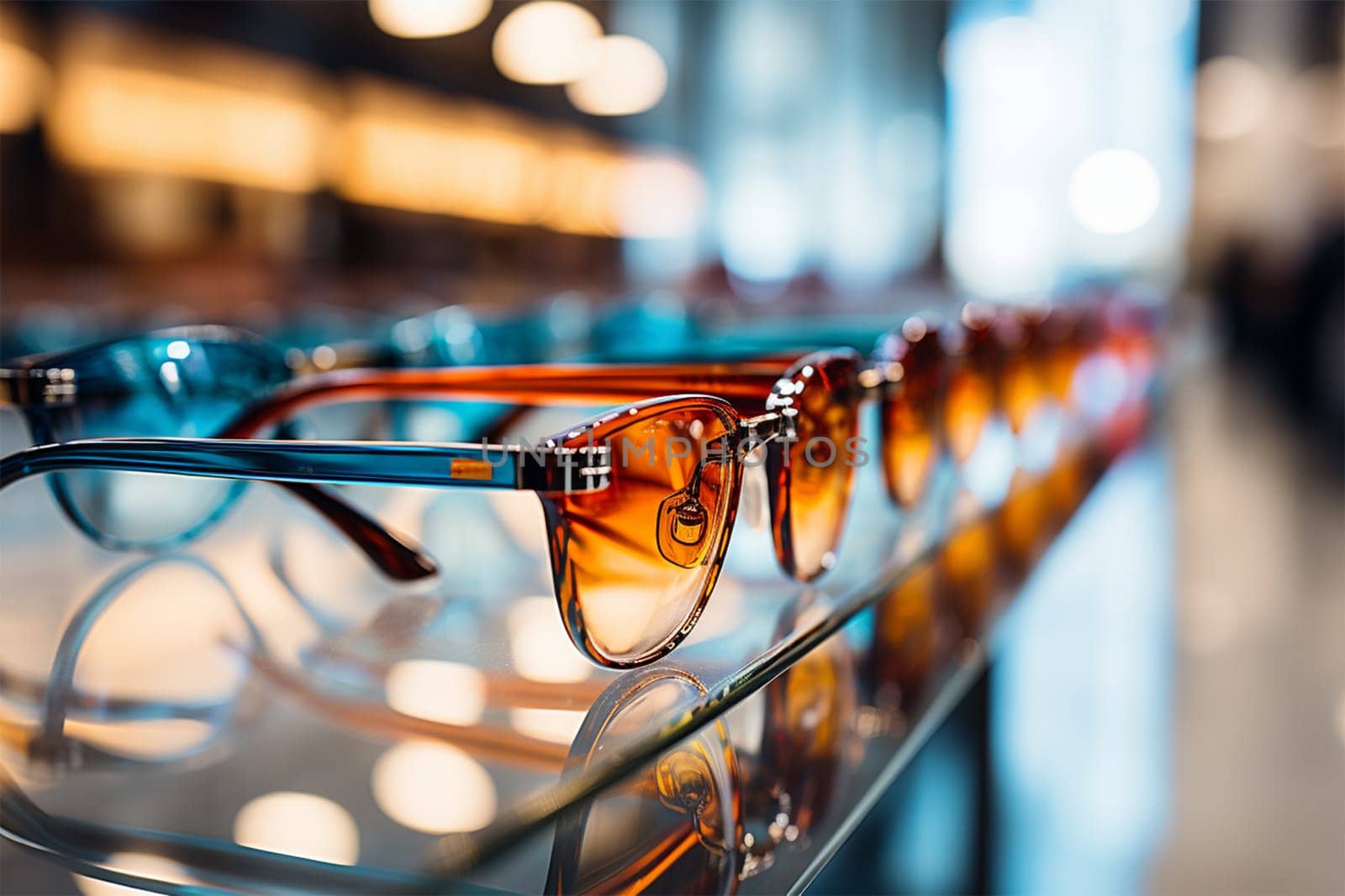 A selection of stylish eyeglasses displayed in a row on a store shelf.Generative AI