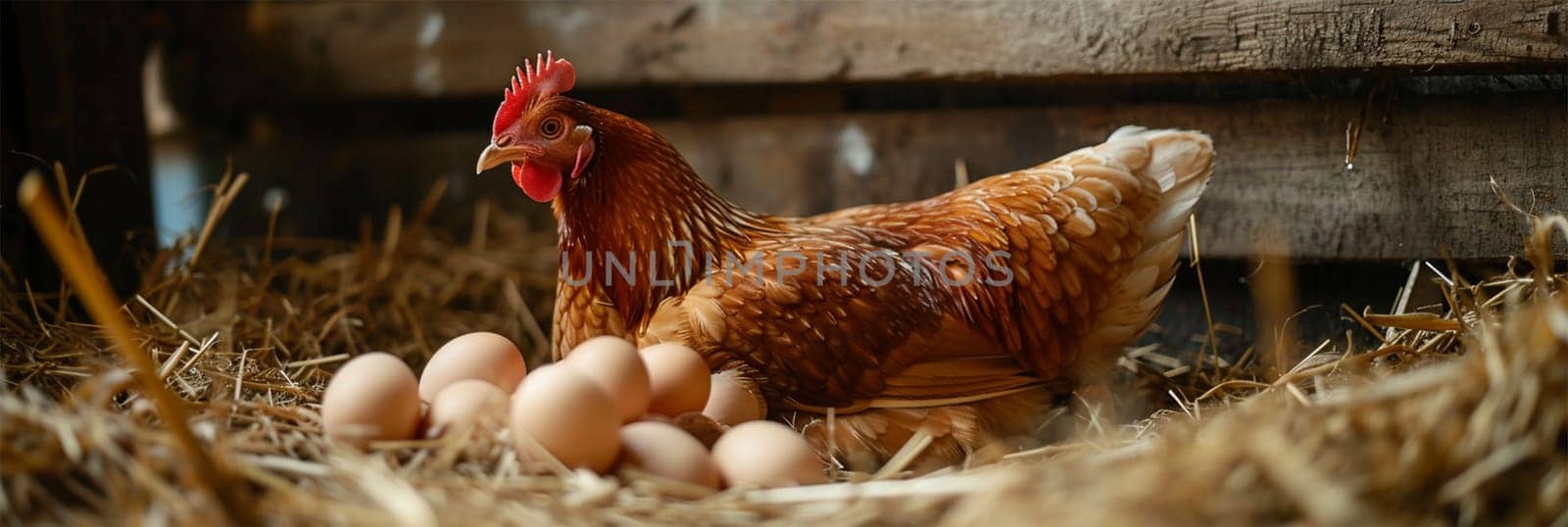 mother hen incubates eggs on the farm .A chicken sits next to fresh eggs in a chicken coop lined with straw.