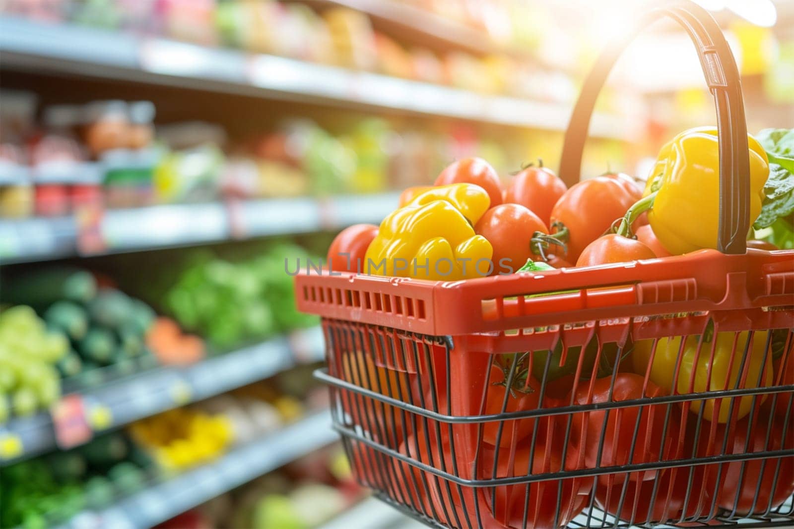 Shopping basket with fresh food. Grocery supermarket with abstract blur grocery store aisle defocused background,