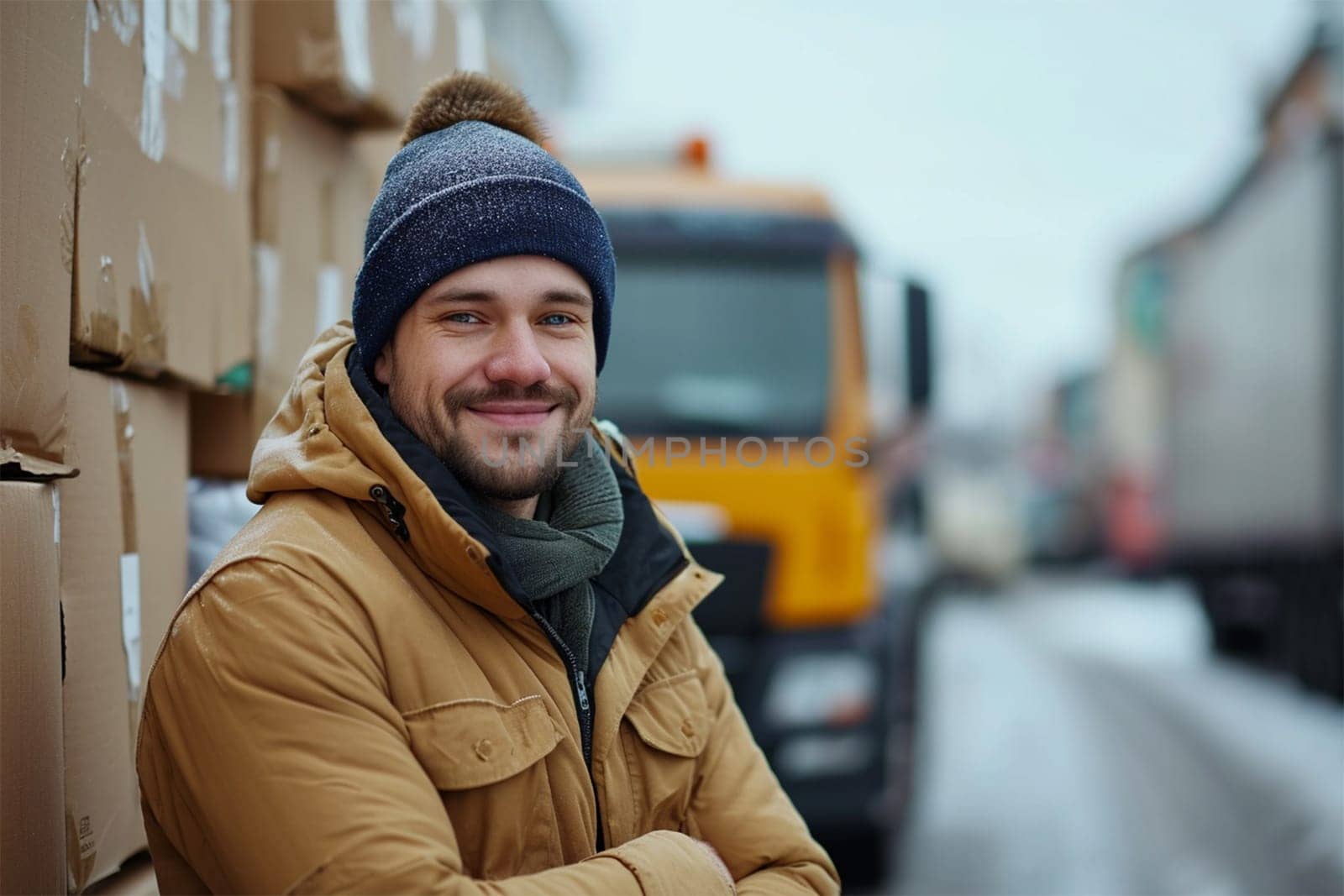 Cheerful delivery man in winter attire standing by a delivery truck.Smiling Delivery Man by Truck.