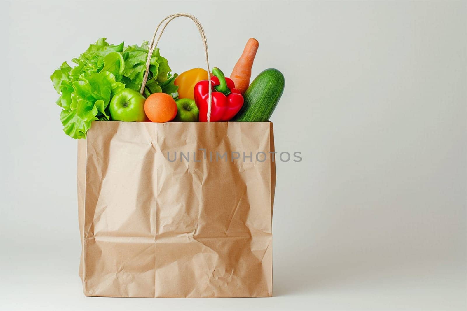 Eco-friendly shopping bag with assorted fresh vegetables on a light background.