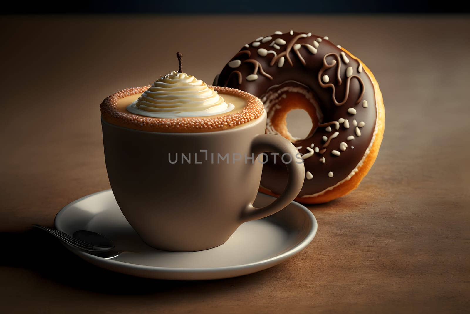 cup of latte and glazed donut on table, neural network generated art. Digitally generated image. Not based on any actual person, scene or pattern.