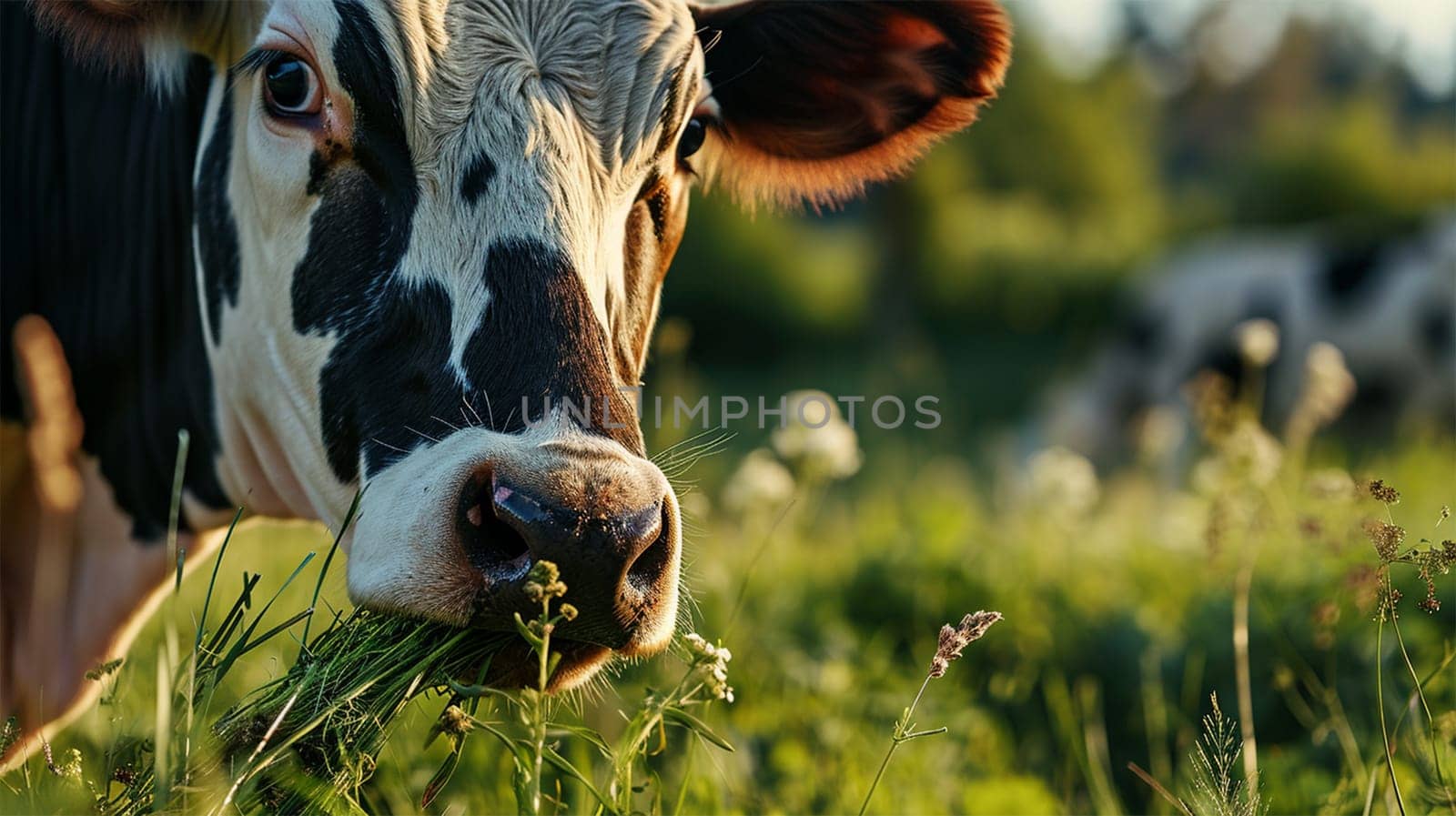 Close-up of a black and white cow grazing in a sunny meadow, with a soft focus on the background