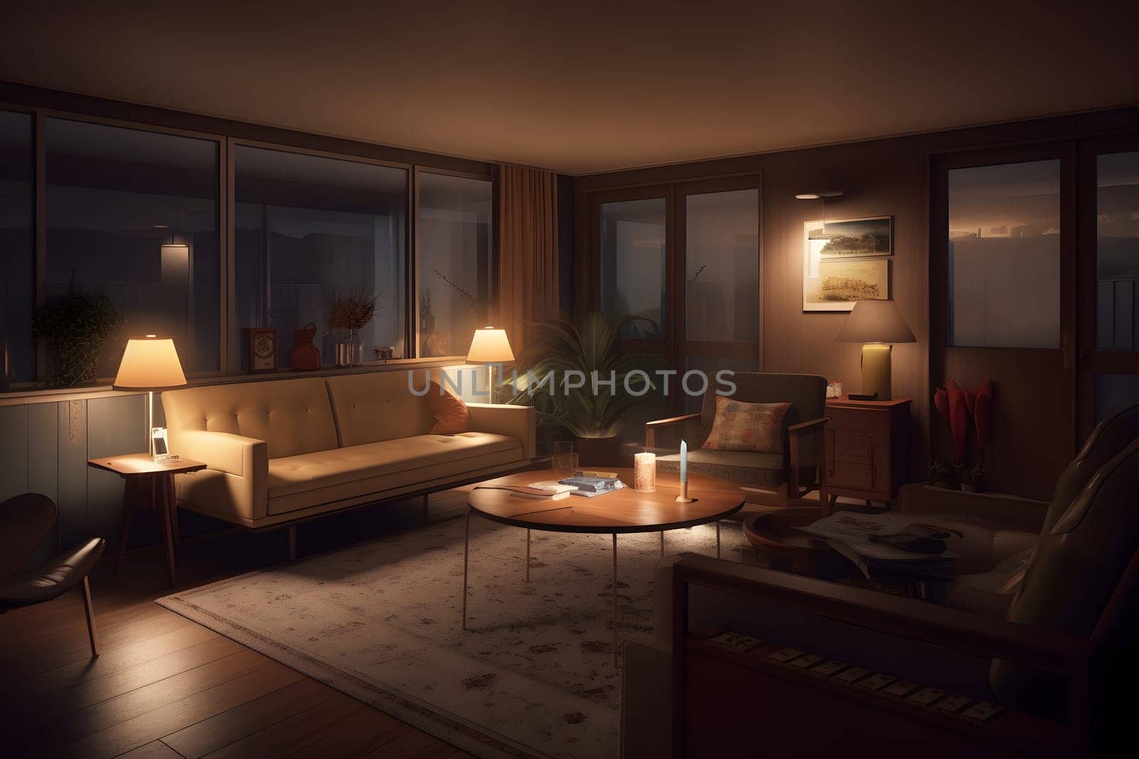 photorealistic mid century interior at summer night. Neural network generated in May 2023. Not based on any actual scene or pattern.