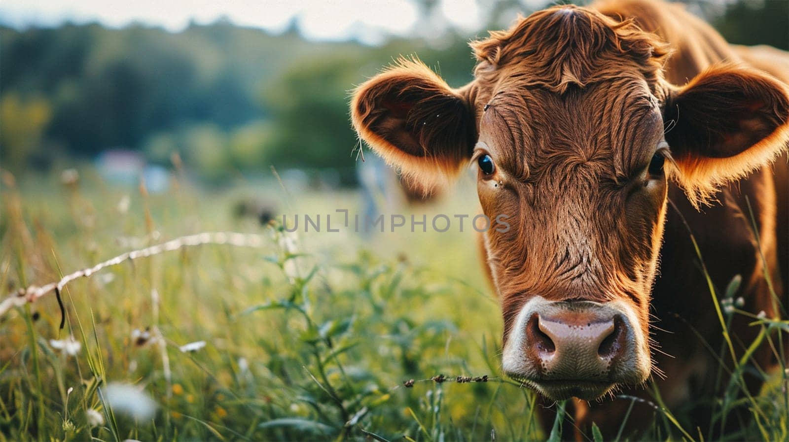 Close-up of a red cow grazing in a sunny meadow, with soft focus in the background.
