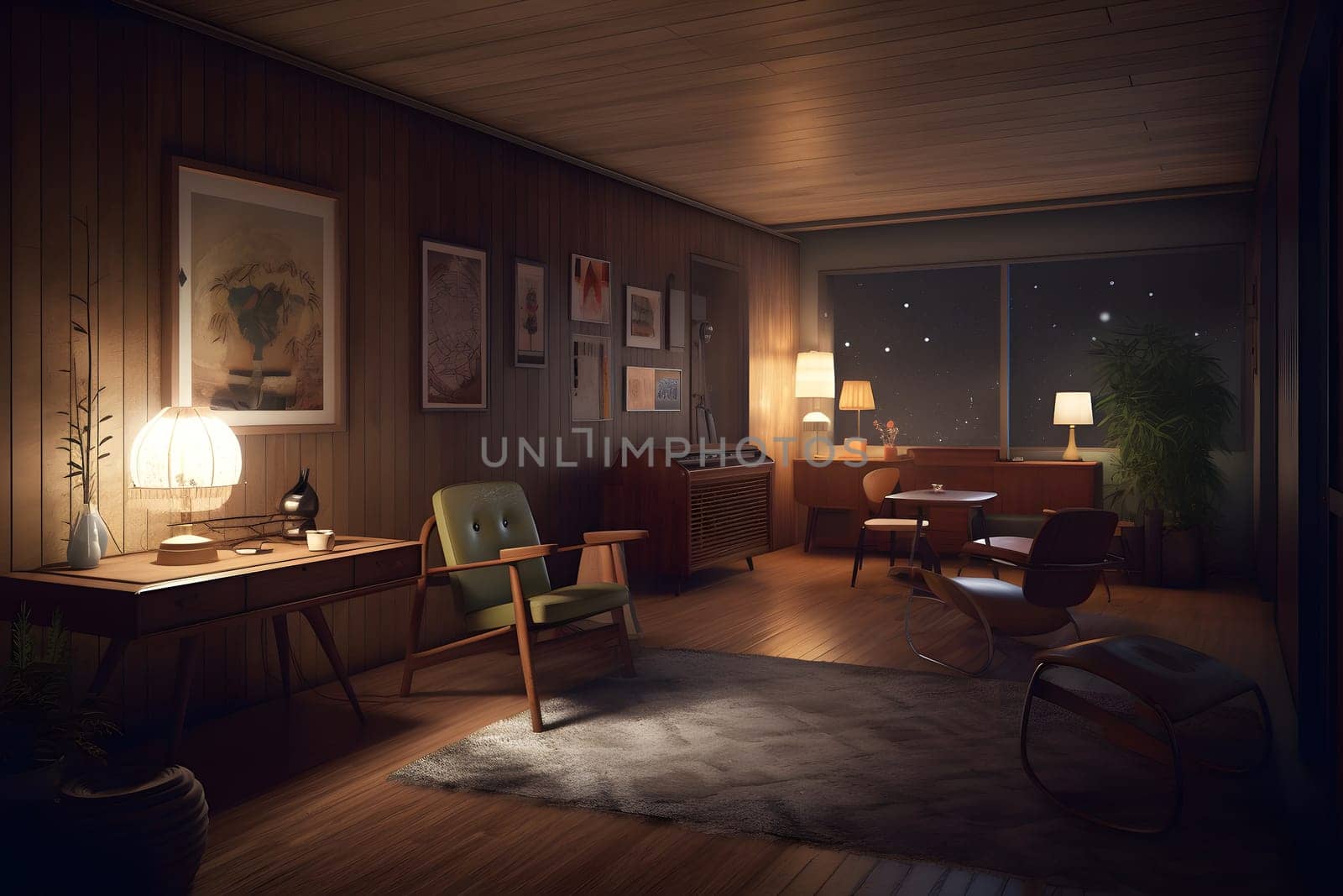 photorealistic mid century interior at summer night. Neural network generated in May 2023. Not based on any actual scene or pattern.