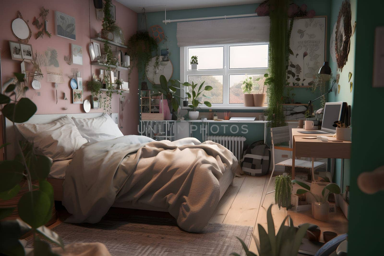 student bedroom with plants in pastel colors at day time. Neural network generated in May 2023. Not based on any actual scene or pattern.