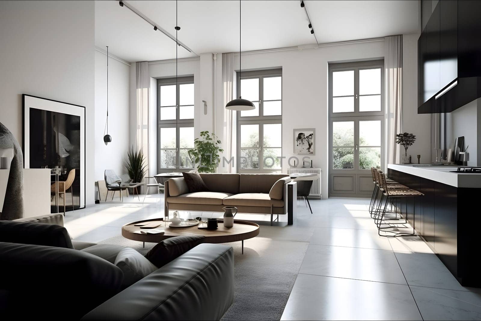 Generic contemporary photorealistic white living room interior with three large windows. Neural network generated in May 2023. Not based on any actual scene or pattern.