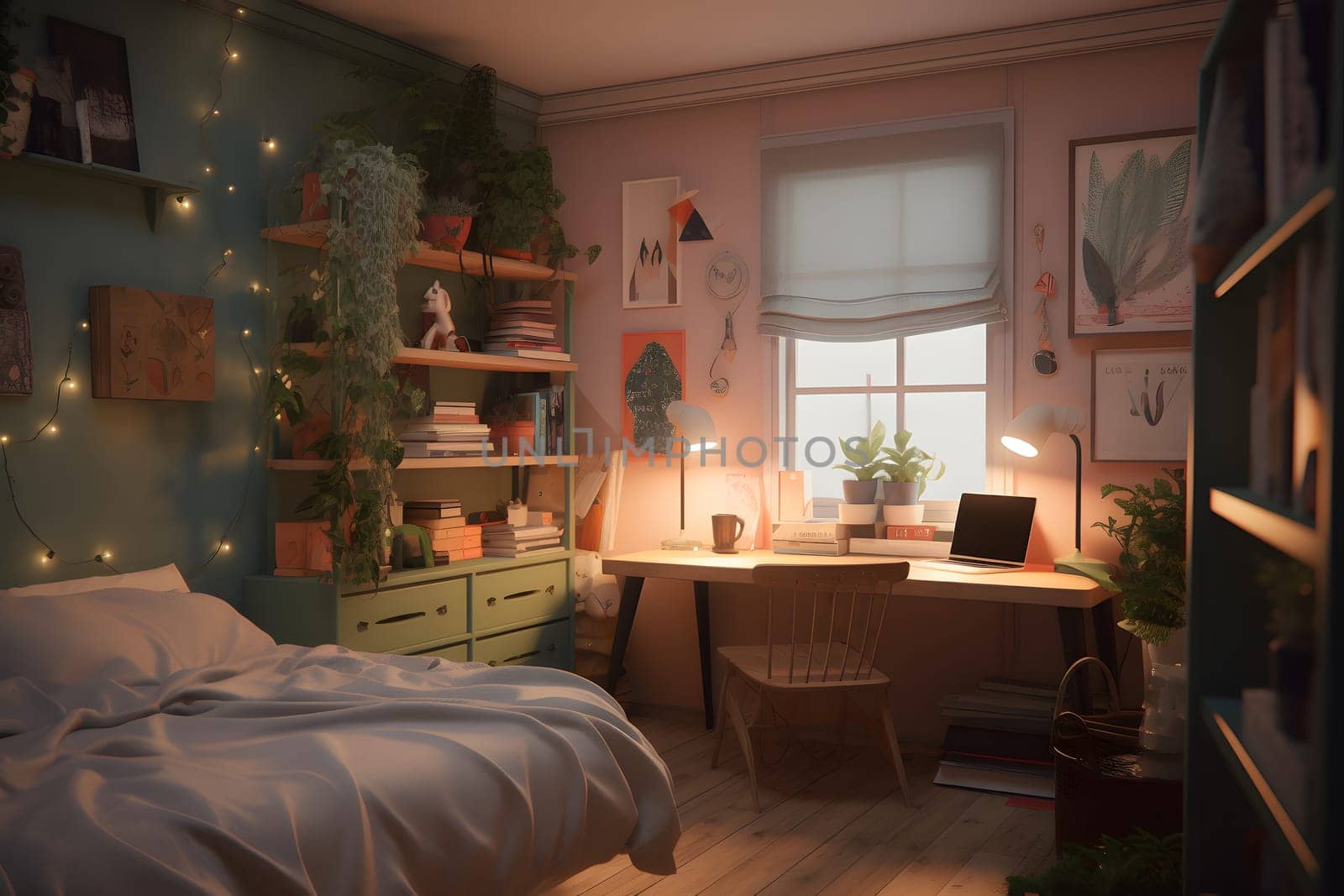student bedroom with plants in pastel colors at day time. Neural network generated in May 2023. Not based on any actual scene or pattern.