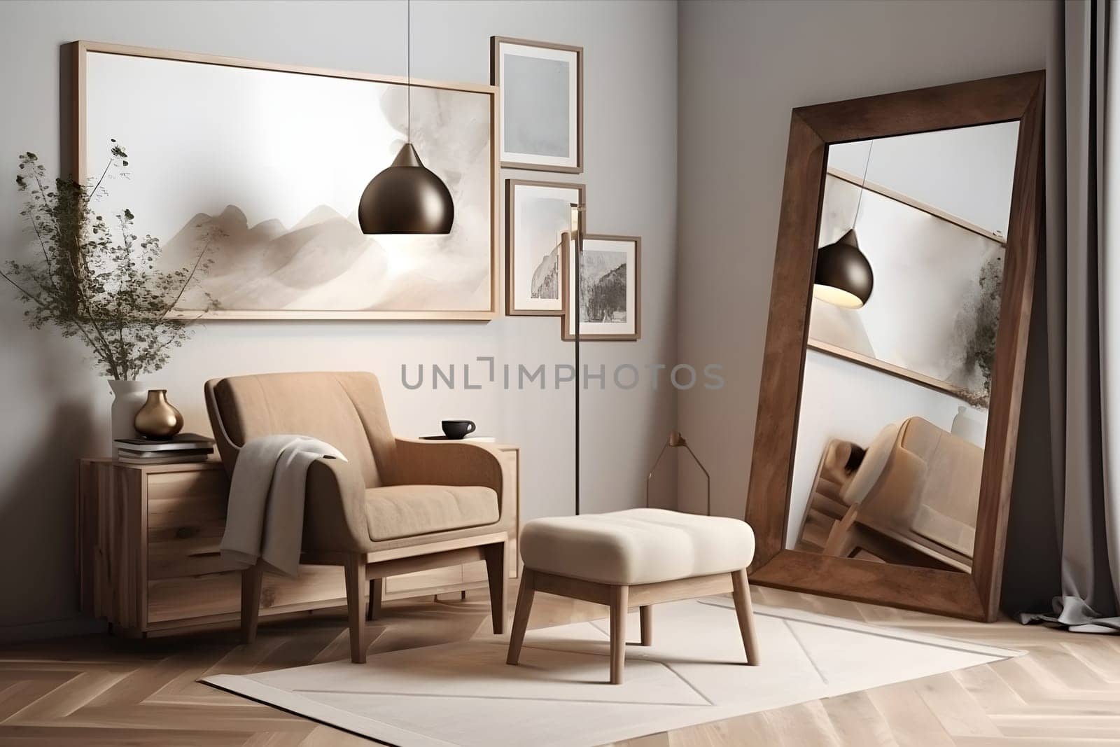 Stylish composition of creative living room interior. Neural network generated in May 2023. Not based on any actual scene or pattern.