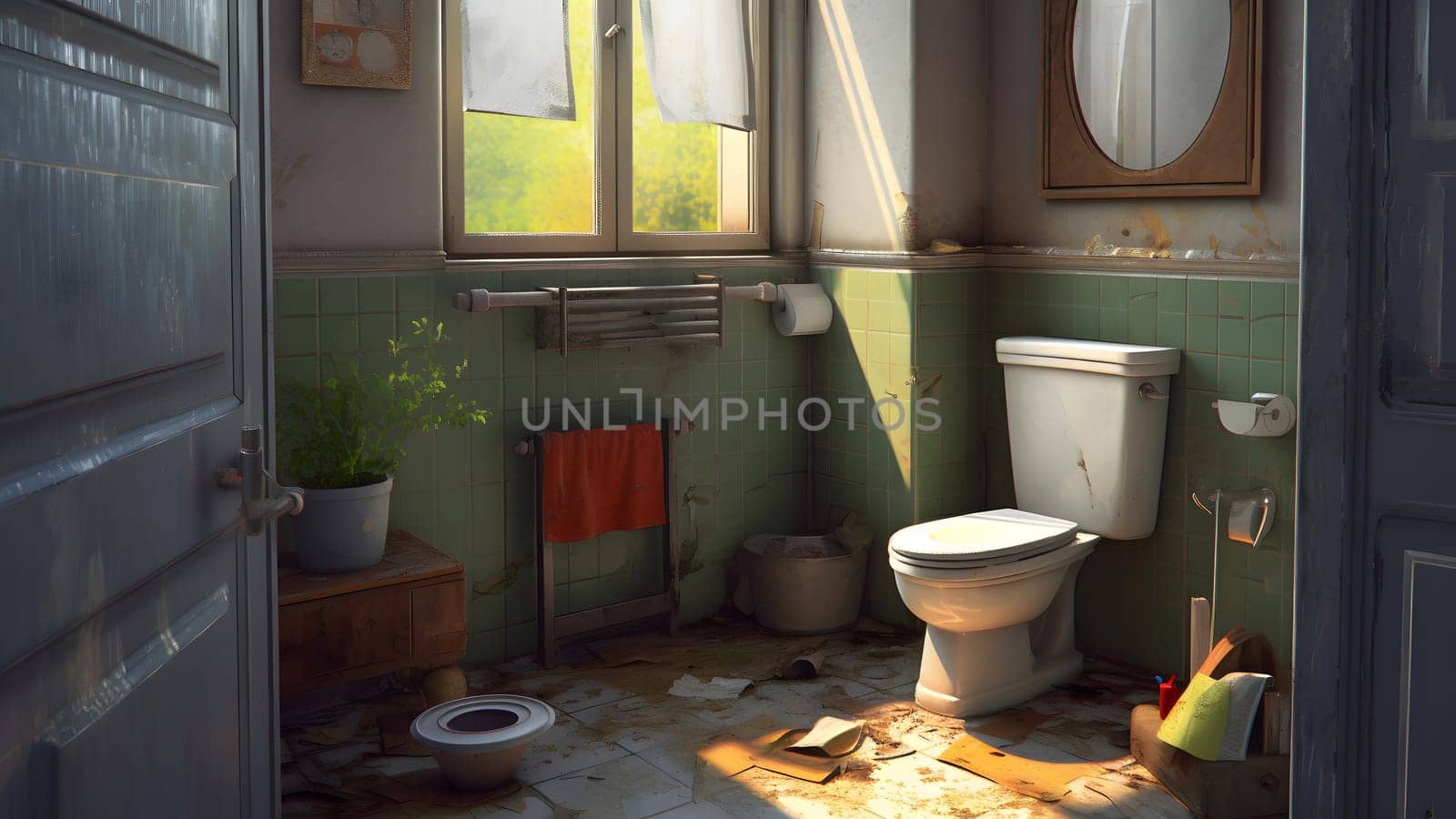 old dirty and neglected abandoned toilet room. Neural network generated in May 2023. Not based on any actual scene or pattern.