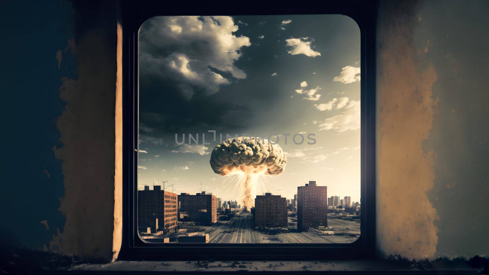 nuclear exposion mushroom over city, view through opened window, neural network generated art. Digitally generated image. Not based on any actual person, scene or pattern.