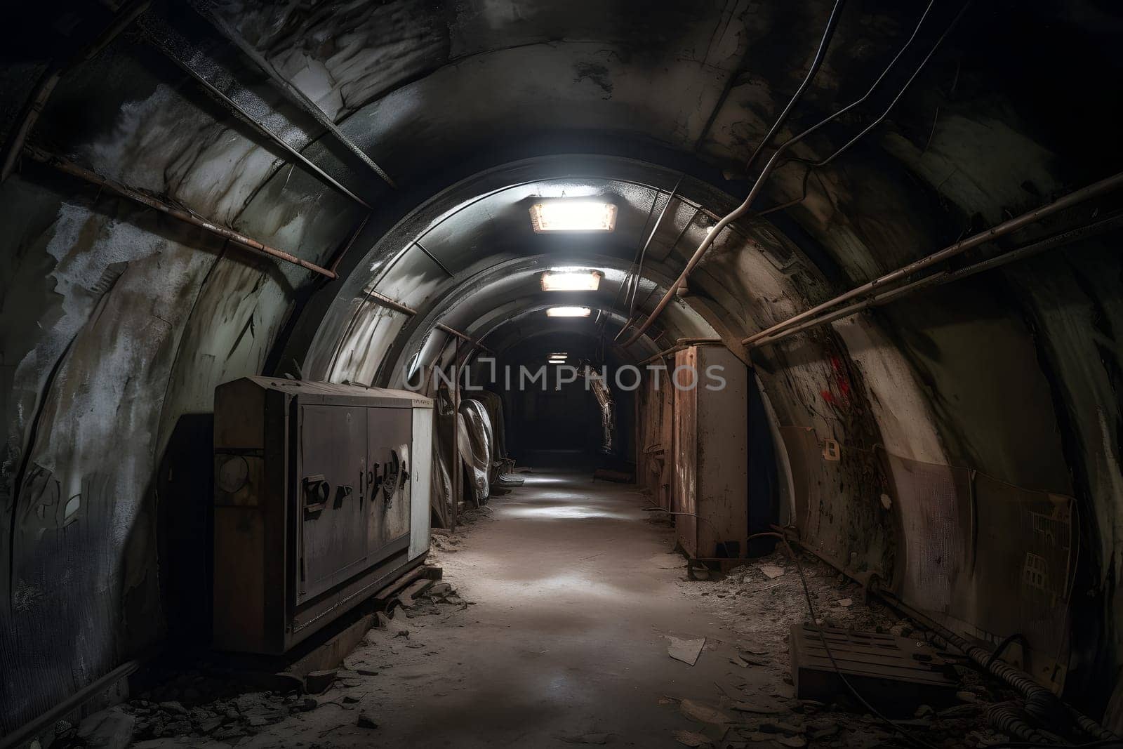 abandoned old unerground bunker interior. Neural network generated in May 2023. Not based on any actual scene or pattern.