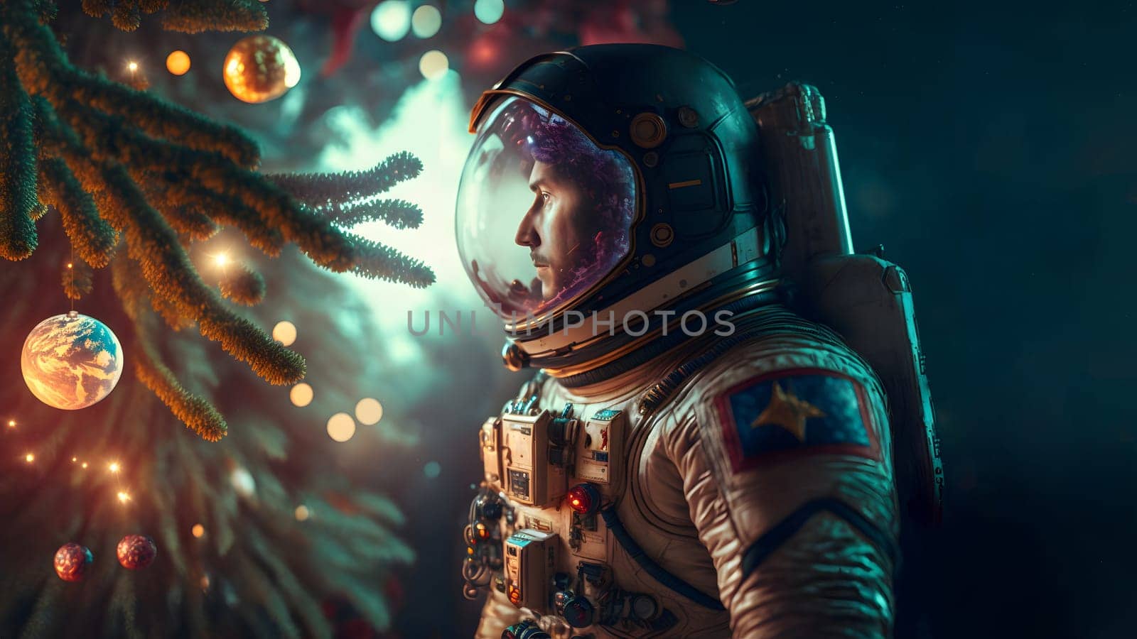 caucasian male astronaut stands next to decorated christmas tree, neural network generated art. Digitally generated image. Not based on any actual person, scene or pattern.