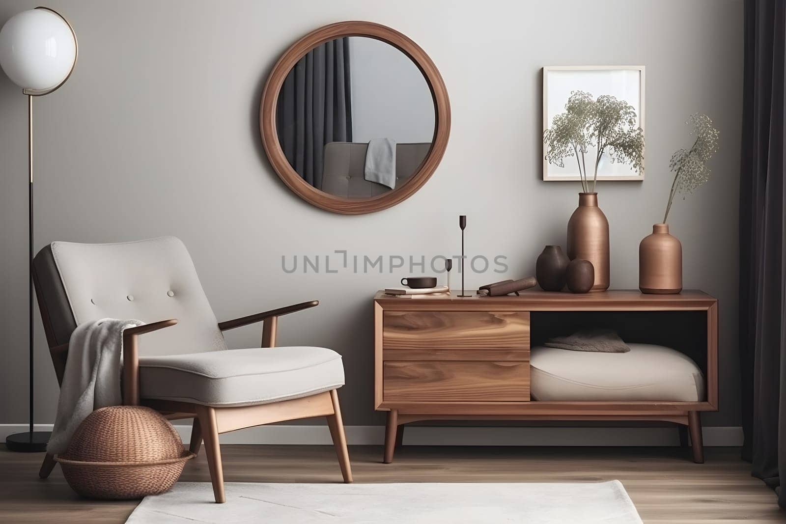 Stylish composition of creative living room interior. Neural network generated in May 2023. Not based on any actual scene or pattern.