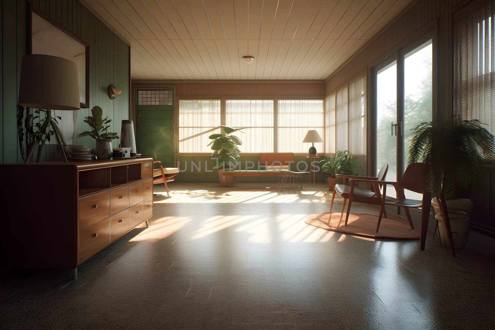 photorealistic mid century interior with sunlight from windows at summer day. Neural network generated in May 2023. Not based on any actual scene or pattern.