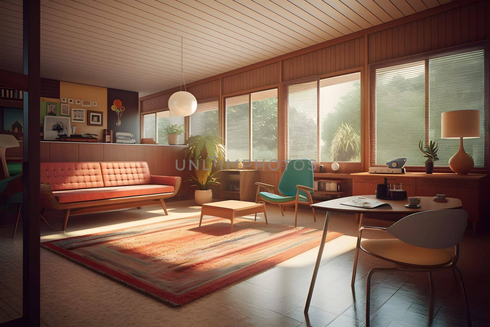 photorealistic mid century interior with sunlight from windows at summer day. Neural network generated in May 2023. Not based on any actual scene or pattern.