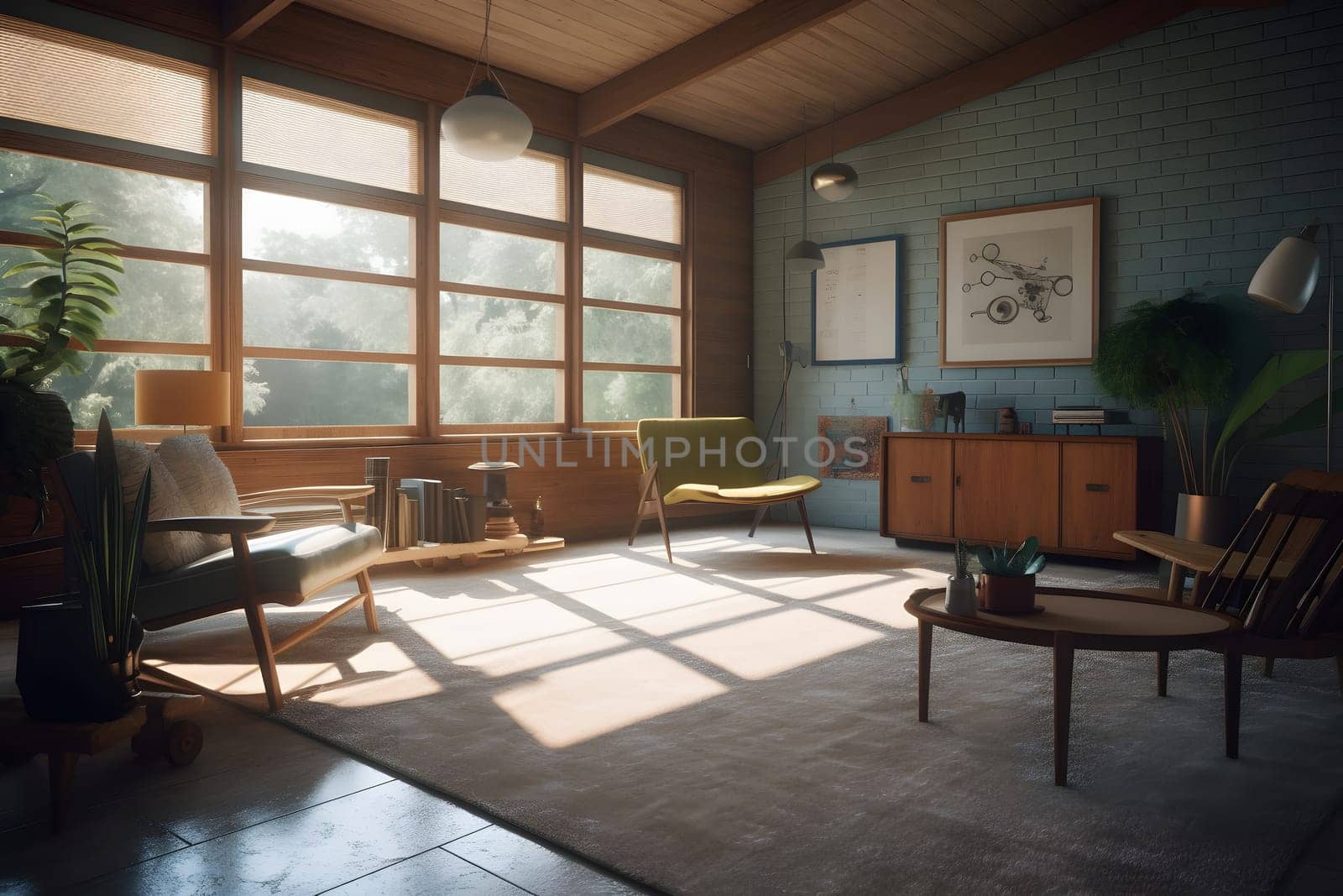 photorealistic mid century interior with sunlight from windows at summer day. Neural network generated in May 2023. Not based on any actual scene or pattern.