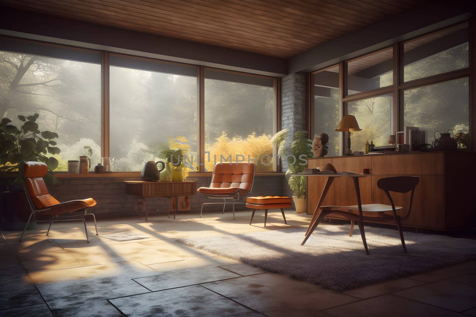 photorealistic mid century interior with sunlight from windows at summer day. Neural network generated in May 2023. Not based on any actual scene or pattern.