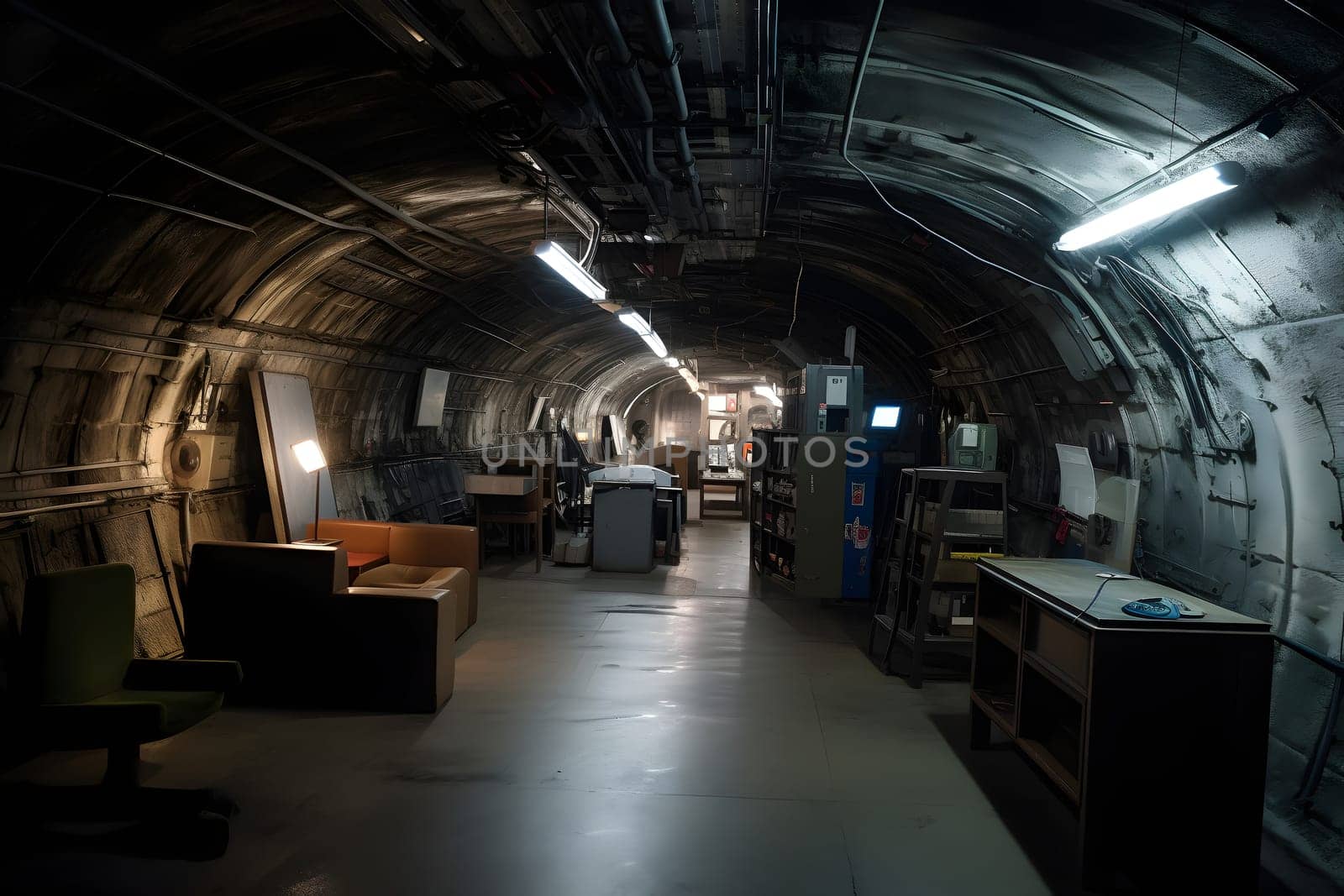 abandoned old unerground bunker interior. Neural network generated in May 2023. Not based on any actual scene or pattern.