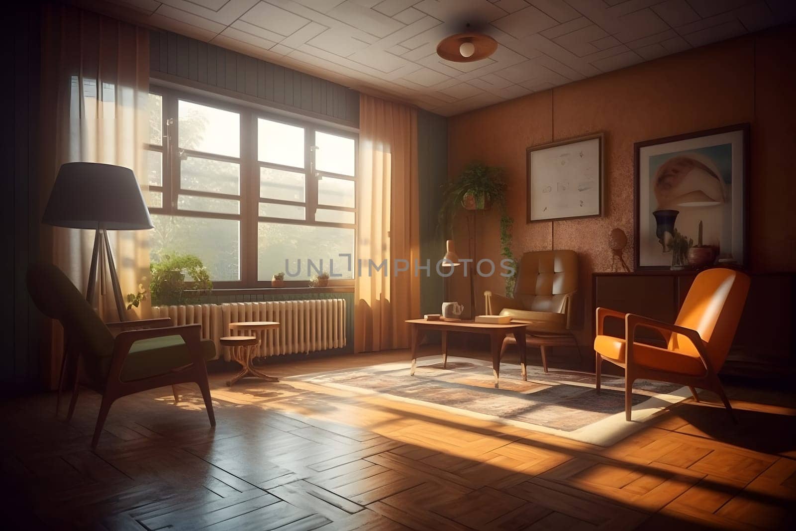 photorealistic mid century interior with sunlight from windows at summer day. Neural network generated in May 2023. Not based on any actual scene or pattern.