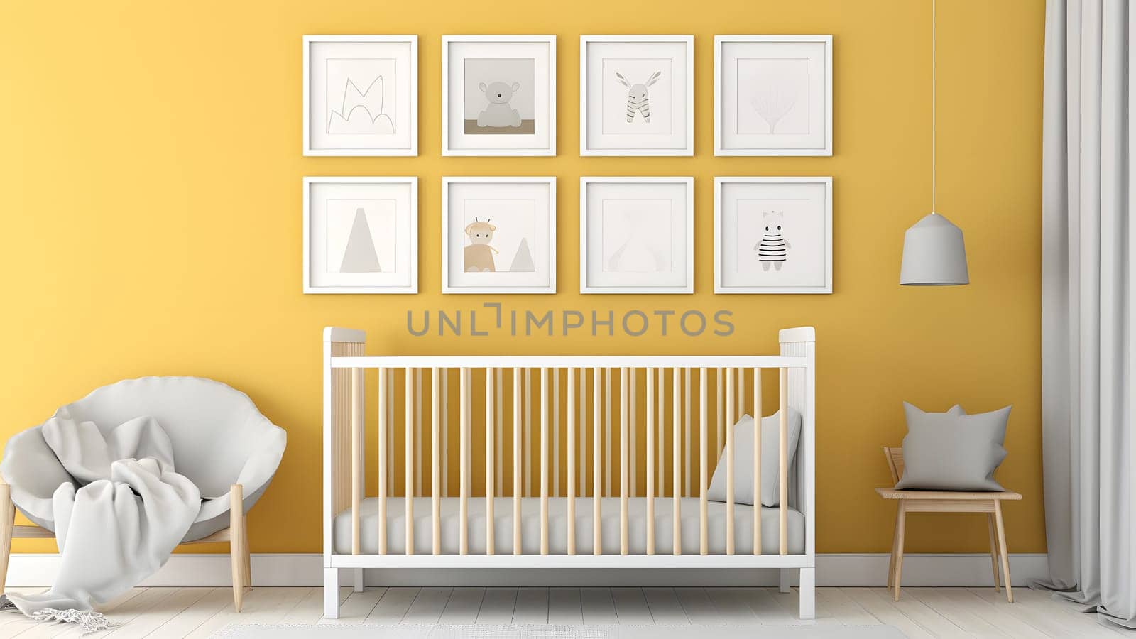 Bright white minimalist nursery wall with frames above cradle. Neural network generated in May 2023. Not based on any actual person, scene or pattern.