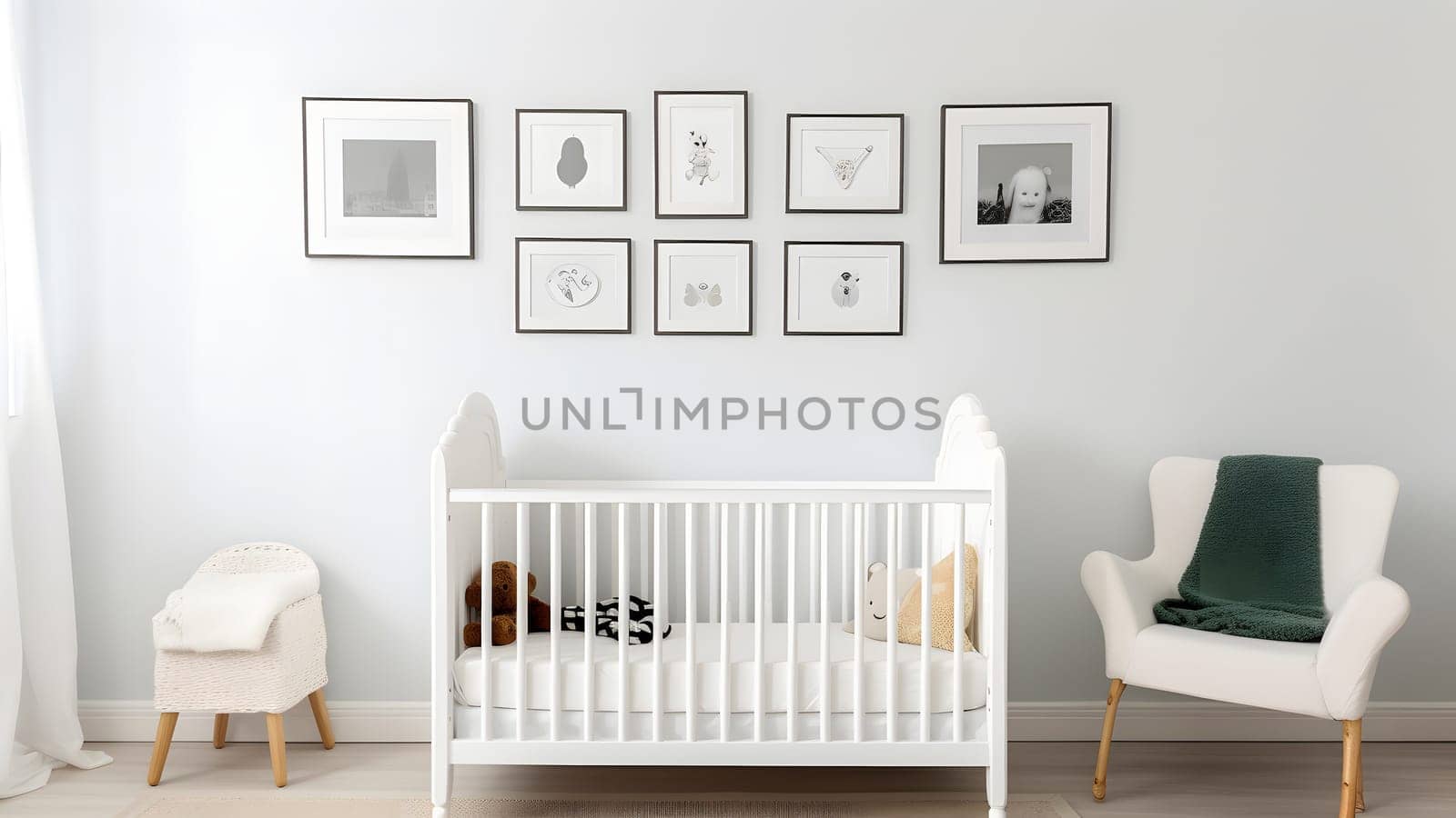 Bright white minimalist nursery wall with frames above cradle. Neural network generated in May 2023. Not based on any actual person, scene or pattern.