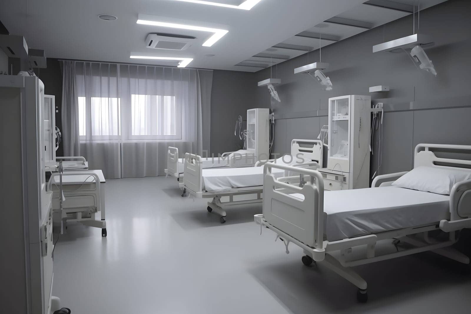 Recovery Room in hospital with comfortable beds and medical equipment. Neural network generated in May 2023. Not based on any actual scene or pattern.