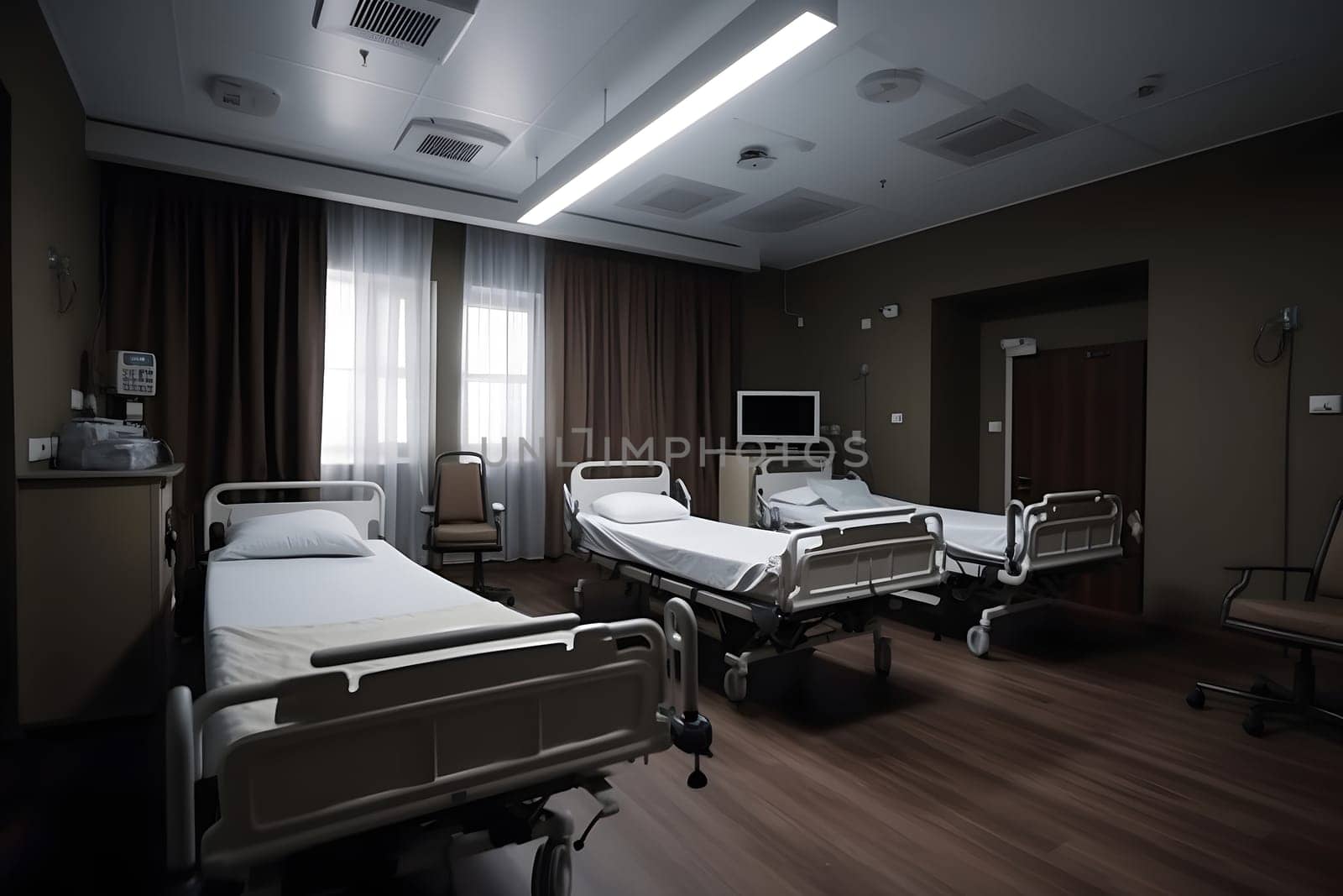 Recovery Room in hospital with comfortable beds and medical equipment. Neural network generated in May 2023. Not based on any actual scene or pattern.