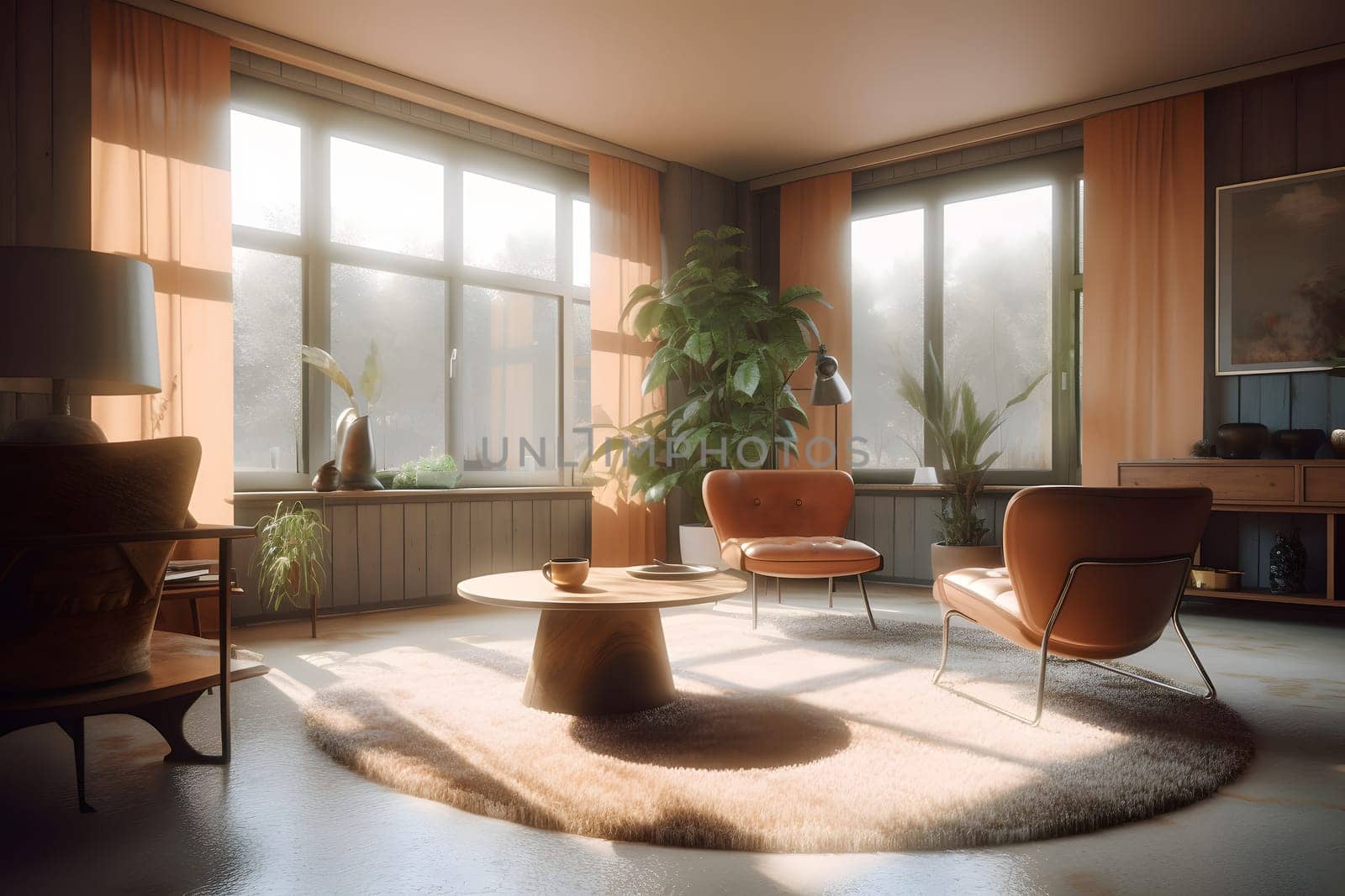 photorealistic mid century interior with sunlight from windows at summer day. Neural network generated in May 2023. Not based on any actual scene or pattern.