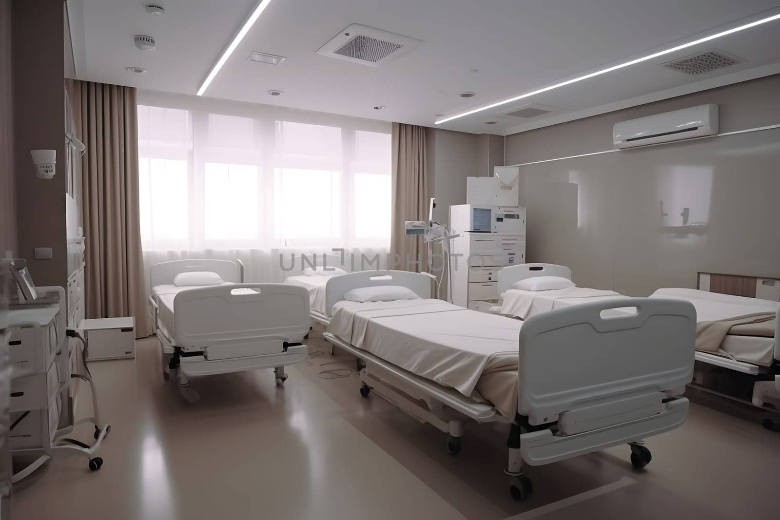 Recovery Room in hospital with comfortable beds and medical equipment. Neural network generated in May 2023. Not based on any actual scene or pattern.