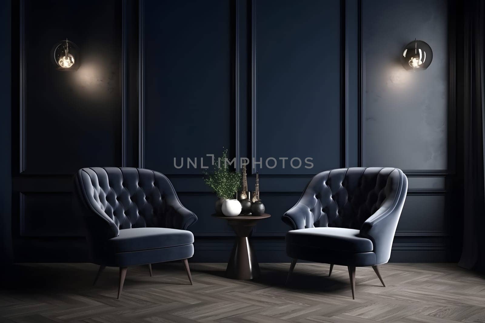 Modern dark home interior in dark navy blue colors with two empty armchairs. Neural network generated in May 2023. Not based on any actual scene or pattern.