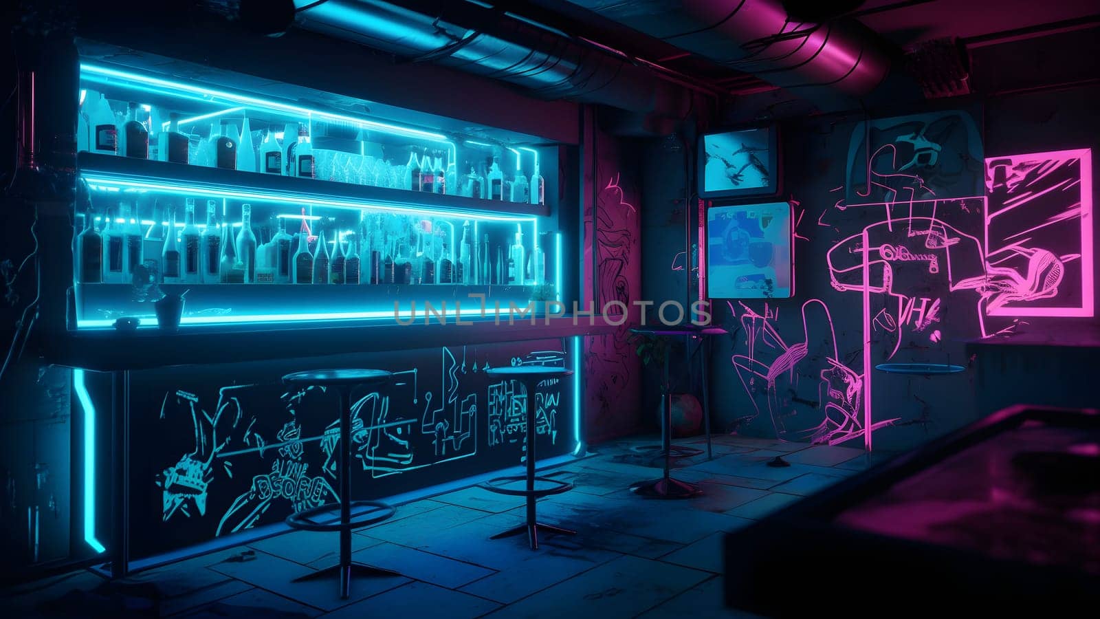 cyberpunk style bar dark interior concept with neon lights. Neural network generated in May 2023. Not based on any actual person, scene or pattern.