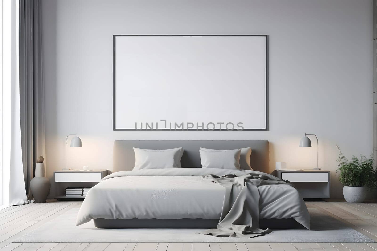 mockup picture frame hanging above the bed in white master bedroom interior. Neural network generated in May 2023. Not based on any actual scene or pattern.