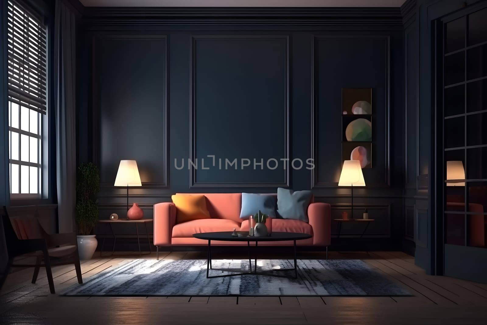 Deep color designed home interior. Neural network generated in May 2023. Not based on any actual scene or pattern.