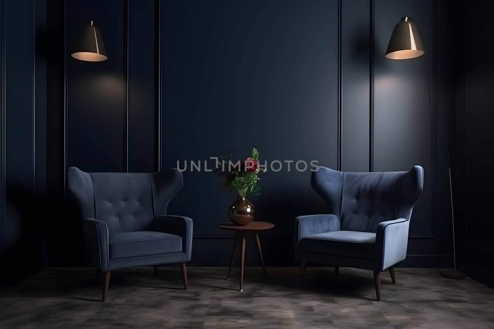Modern dark home interior in dark navy blue colors with two empty armchairs. Neural network generated in May 2023. Not based on any actual scene or pattern.