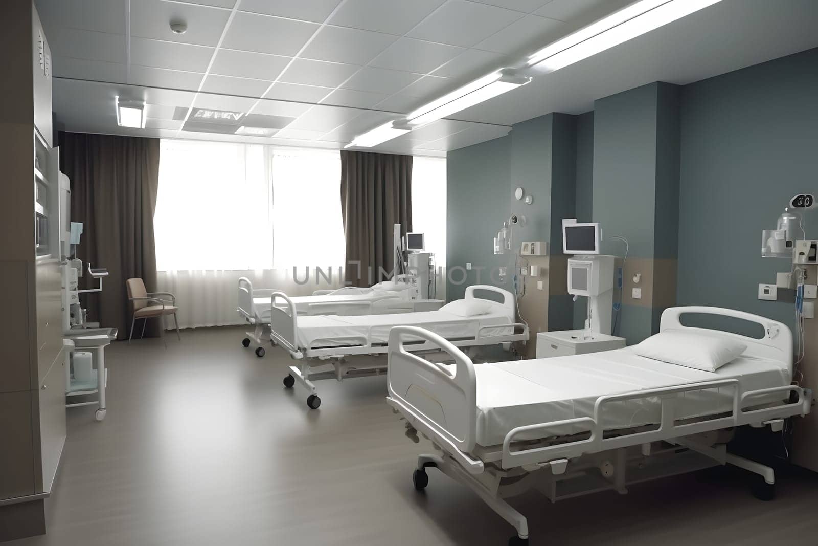 Recovery Room in hospital with comfortable beds and medical equipment. Neural network generated in May 2023. Not based on any actual scene or pattern.