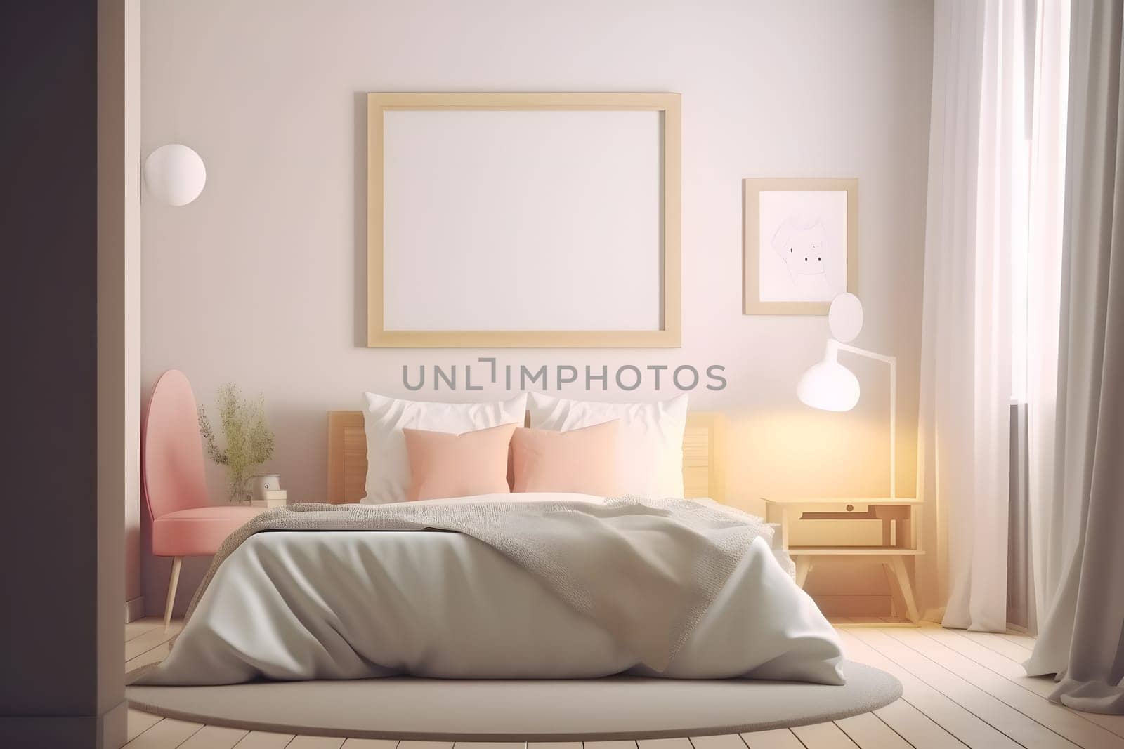 mockup picture frame hanging above the bed in white master bedroom interior. Neural network generated in May 2023. Not based on any actual scene or pattern.