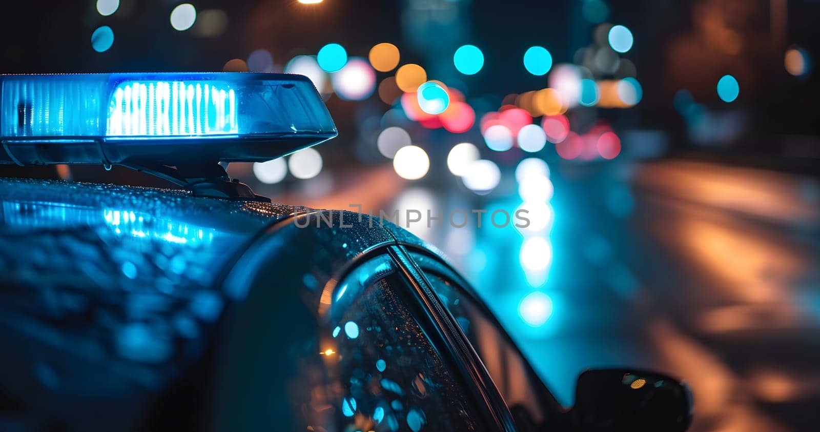 police car lights at night in city street with selective focus and bokeh. Neural network generated image. Not based on any actual person or scene.