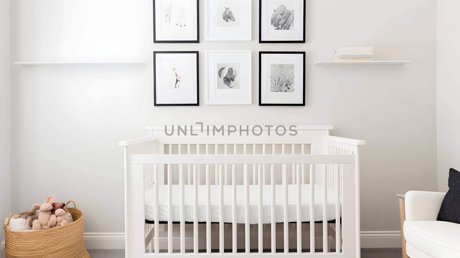 Bright white minimalist nursery wall with frames above cradle. Neural network generated in May 2023. Not based on any actual person, scene or pattern.