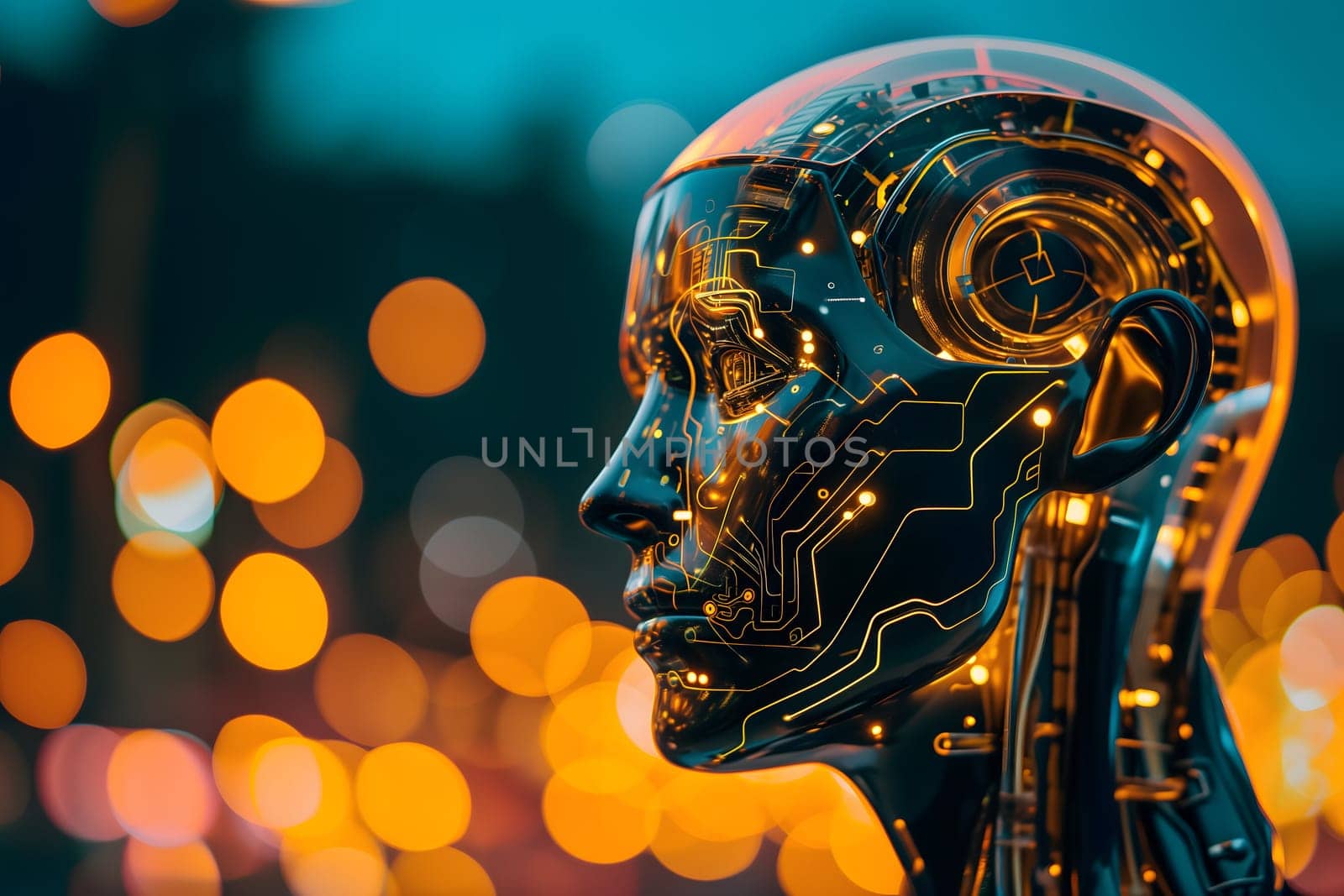 black android head with yellow accents and yellow bokeh background, AI concept. Neural network generated image. Not based on any actual person or scene.