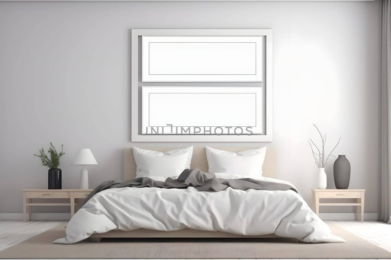 mockup picture frame hanging above the bed in white master bedroom interior. Neural network generated in May 2023. Not based on any actual scene or pattern.