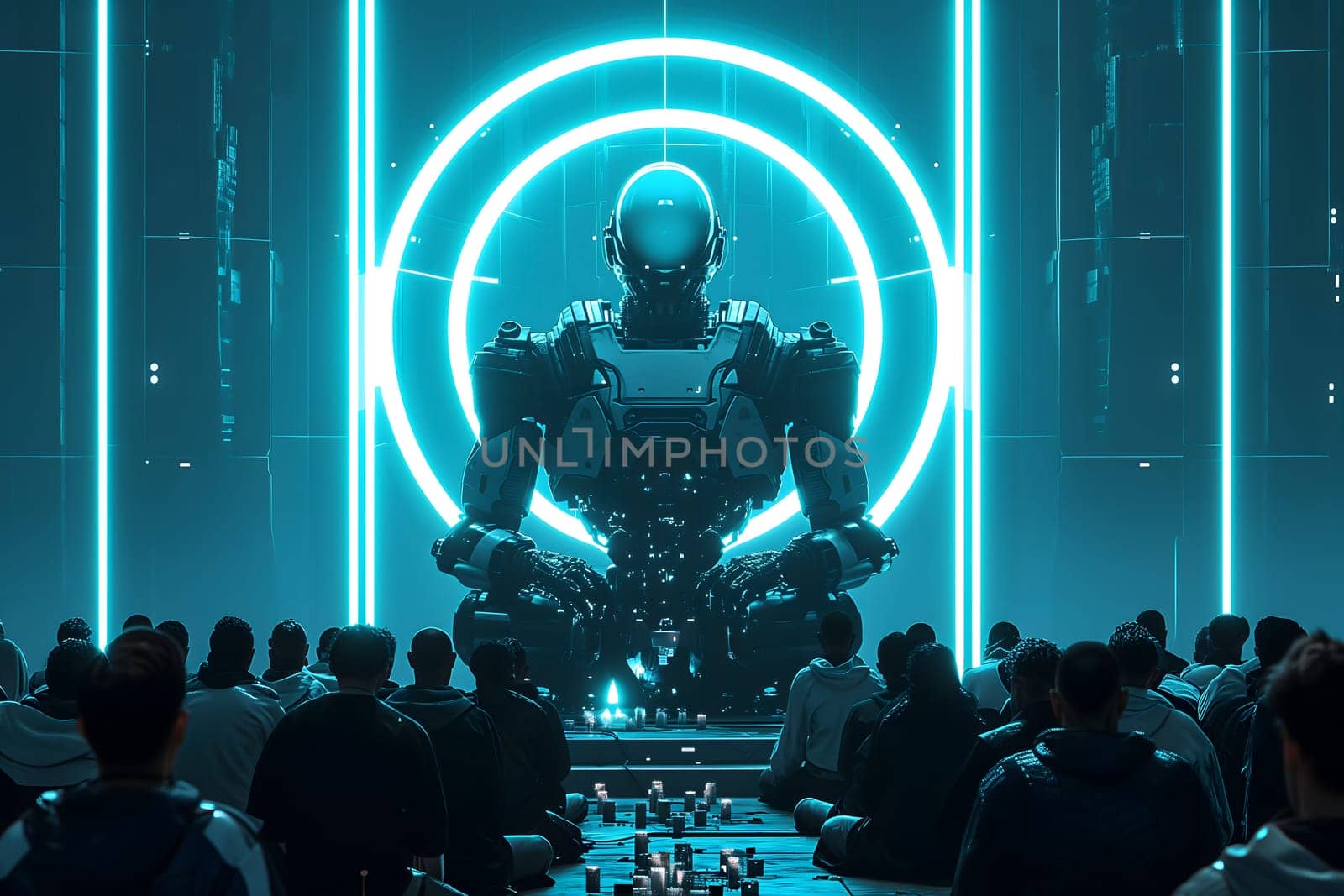Cyber god in front of their adepts for artificial super intelligence encounter. Neural network generated image. Not based on any actual person or scene.