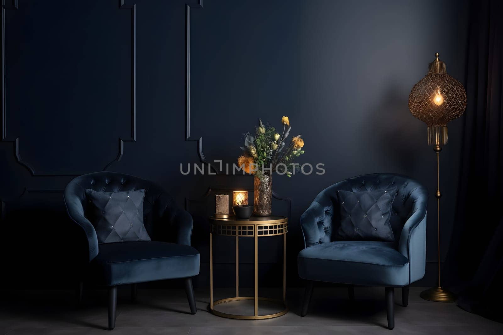 Modern dark home interior in dark navy blue colors with two empty armchairs. Neural network generated in May 2023. Not based on any actual scene or pattern.