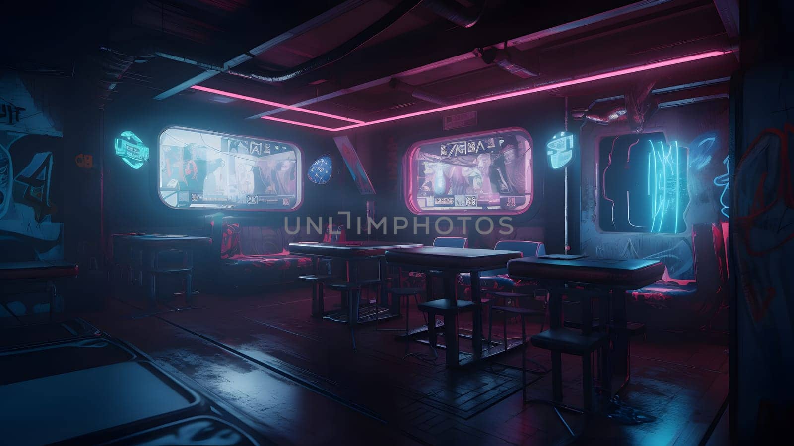 cyberpunk style bar dark interior concept with neon lights. Neural network generated in May 2023. Not based on any actual person, scene or pattern.